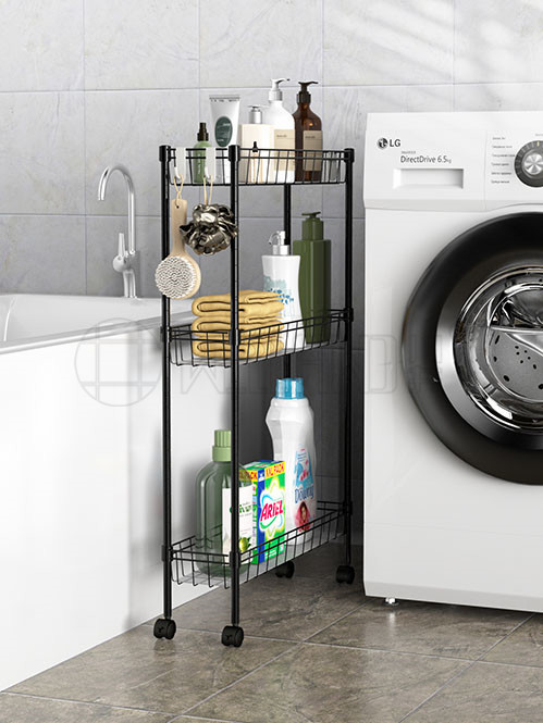 金屬多層可移動夾縫收納置物架 黑色網(wǎng)籃小推車（3）