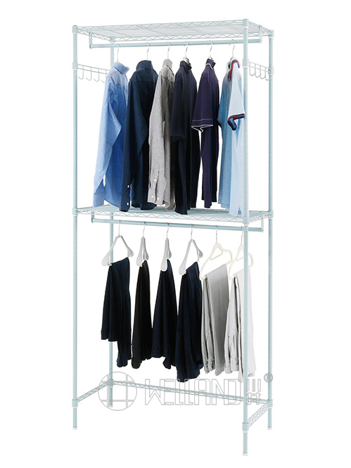 【免安裝大容量】藍(lán)色簡(jiǎn)易衣櫥 碳鋼雙層掛衣架 - 雙掛鉤設(shè)計(jì) 臥室宿舍布衣柜 (5)