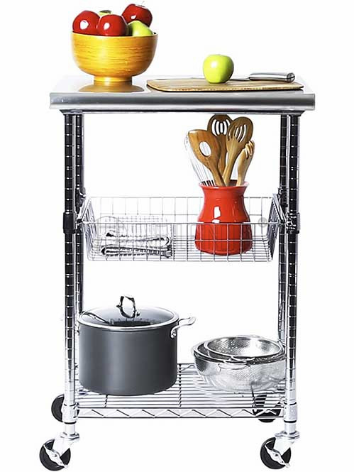 不銹鋼廚房小推車 不銹鋼板工作臺(tái) 抽拉網(wǎng)籃收納架